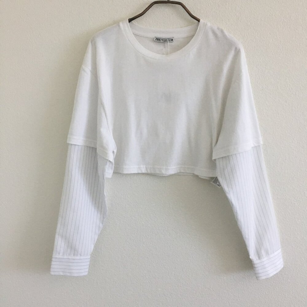Zara NWT Womens M Cropped White T-shirt w/ Light Blue striped long sleeves